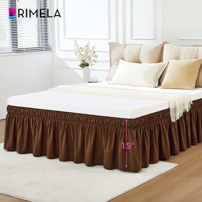 RIMELA Bed Skirt King Size 15 Inch Drop, Elastic Bed Skirting for Bed Base and Frame, Bedding Dust Ruffle Easy to Install, Wrap Around Adjustable Bedskirt, Chocolate Brown
