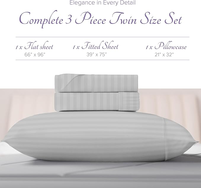 Carressa Linen Luxury Egyptian Cotton Twin Stripe Sheet Set - 600 Thread Count Extra Long Staple 3 PC Set, Twin Damask Sheets, Soft, Cooling Sateen Weave Striped Sheets Upto 18" Deep Pocket - Silver