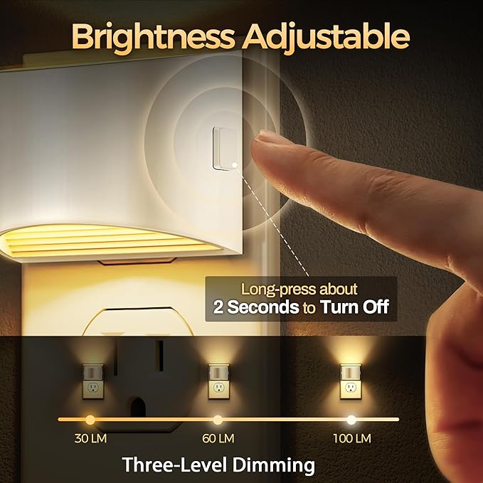 DORESshop LED Night Light[4 Pack], Night Lights Plug into Wall, 3 Level Brightness Adjustable Plug in Night Light, Dusk to Dawn Sensor Nightlights for Adults,Bedroom,Bathroom,Hallway,3000K White Cover