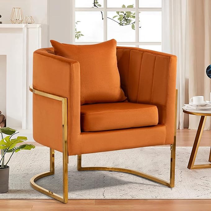 Velvet Modern Accent Chair, Upholstered Barrel Armchair Mid Century with Pillow for Living Room, Comfy Single Vanity Chair with Metal Gold Legs for Bedroom, Orange