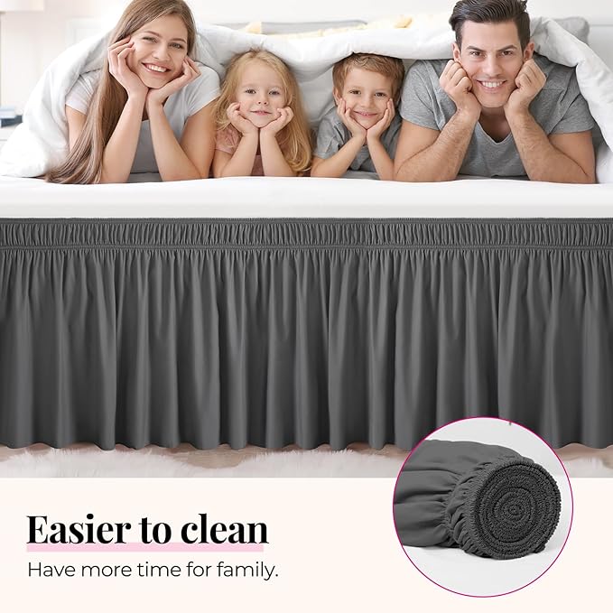 RIMELA Dark Grey Bed Skirt Queen Size 12 Inch Drop, Elastic Bed Skirting for Bed Base and Frame, Bedding Dust Ruffle Easy to Install, Lightweight Comforter Set with Wrap Around Adjustable Bedskirt