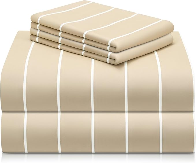 LuxClub 4 PC Queen Sheet Set, Deep Pockets Wrinkle Free Cooling Bed Sheets Hotel Bedding for Women, Men, Includes 1 Fitted Sheet, 1 Flat Sheet and 2 Pillowcases-Striped - Cream