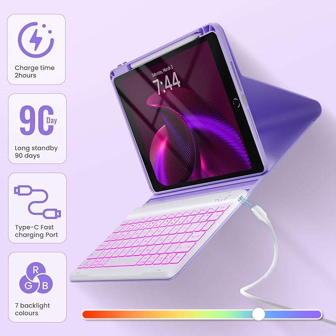 OYEEICE Keyboard Case for iPad 9th Generation - Detachable Wireless Backlit Keyboard, Magnetic Cover with Pencil Holder for iPad 9th/8th/7th Gen 10.2 inch, iPad Pro 10.5" & iPad Air 3rd - Purple