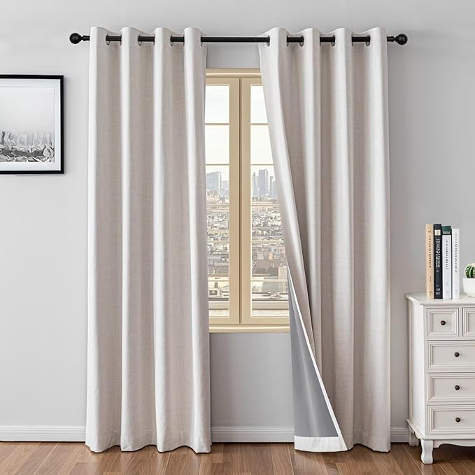 100% Blackout Curtains 108 Inch Length 2 Panels Set, Linen Curtains for Living Room, Black Out Thermal Insulated Grommet Drapes Bedroom Luxury Decor Privacy(52W × 108L inch, Natural)