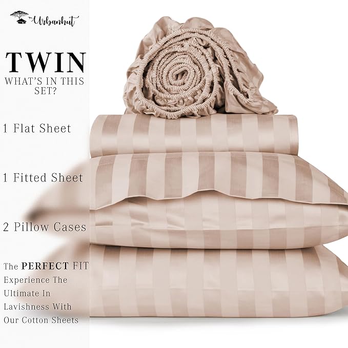 URBANHUT 800 Thread Count 100% Cotton Damask Twin Size Sheets, 4 Piece Striped Twin Size Bedsheets, Luxury Hotel Sheets Sateen Weave - Better Than Egyptian, 14" Elasticized Deep Pocket- Blush Pink