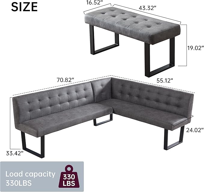 Modern L-Shaped Dining Bench, Vintage Fabric Upholstered Corner Sofa with Metal Legs for Kitchen Nook, Living Room, Dining Room (Left Seat)