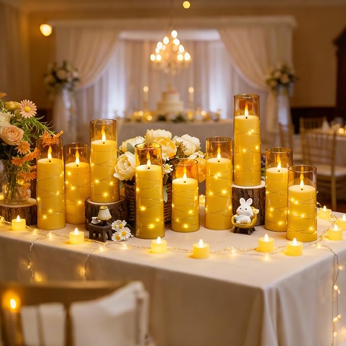 Flameless LED Candles with Timer 24 Pc Flickering Flameless Candles for Romantic Ambiance and Home Decoration Stable Acrylic Shell,with Embedded Star String，Battery Operated Candles(Gold)