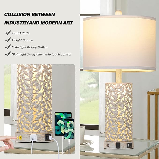 Morden Farmhouse Table Lamps Set of 2, Touch Control Bedside lamp with 2 USB Ports & AC Outlet,Vintage Nightstand Lamp with Nightlight for Bedroom Living Room Entryway,White