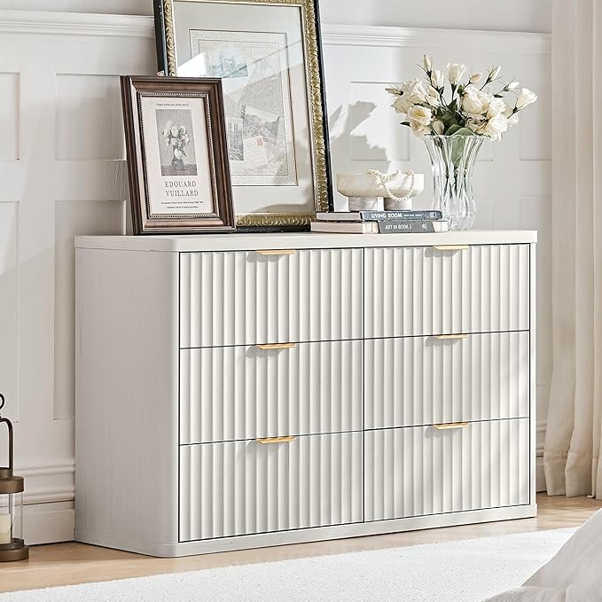 LEYAOYAO Fluted Dresser and Nightstand Sets, Wood 48" Wide Dresser & 23" Night Stand with Charging Station, 2 Piece Bedroom Furniture Set, Chest of Drawers for Bedroom,Living Room, Antique White
