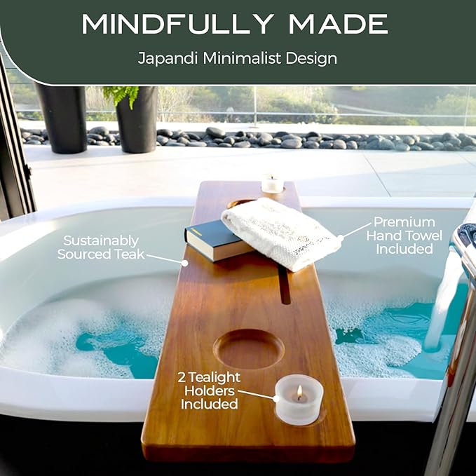 Grand Fjord Teak Bathtub Tray for Large Soaking Tub – Extra Long 35” Luxury Bath Tray for Freestanding Tubs with Candle Holders, Tealight Jars & Premium Towel by JapandiSpirit