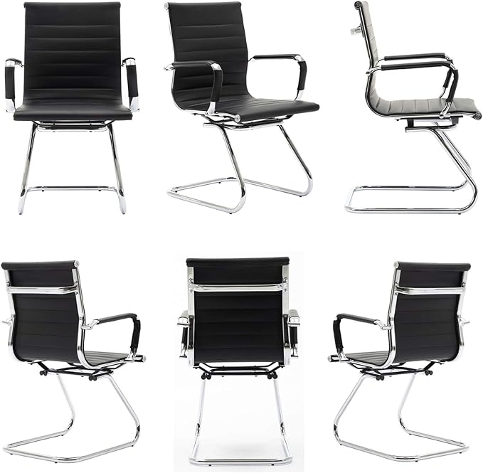 Wahson Office Guest Chairs Set of 10, Leather Reception Chairs, Mid Back Waiting Room Chair, Conference Chairs with Sled Base, Desk Chair No Wheels for Meeting/Lobby/Restroom, Black