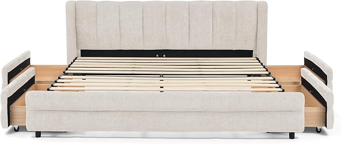 DEINPPA Queen Size Bed Frame with 4 Storage Drawers and Cloud Soft Headboard, Chenille Upholstered Grounded Wood Base Bed Frame, No Box Spring Needed-Beige
