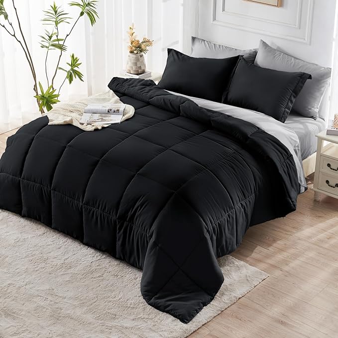 JOLLYVOGUE King Comforter Set, Ultra-Soft Bed in a Bag King Size 7 Pieces, Oeko-TEX Certified Bedding Set with Down Alternative Comforter, Sheets, Pillowcases & Shams, Black & Light Grey