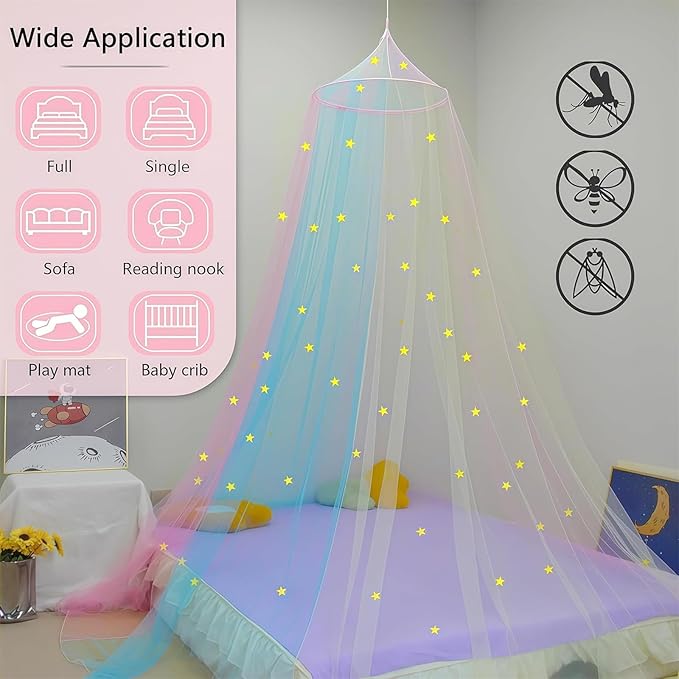 Rainbow Bed Canopy for Girls with Glowing Stars, Colorful Princess Canopy Bed Curtains for Twin, Full, and Queen Sizes,Mosquito Netting for Baby Crib,Ceiling Tent for Kids Bedroom Decor