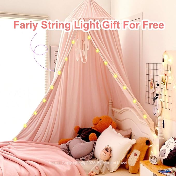 Light Pink Bed Canopy for Girls with Light, Princess Canopy Curtains for Twin Full Queen Size Kids Bed, Canopy for Girls Bed Room Decor, Hanging Castle Ceiling Tent