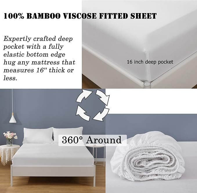 Linen World Cooling Bed Sheets Set King Size,100% Organically Grown Viscose Sheets,Deep Pocket Up to 16",4 Pieces Silky Soft,Breathable Bedding Sheets & Pillowcases(White,King)