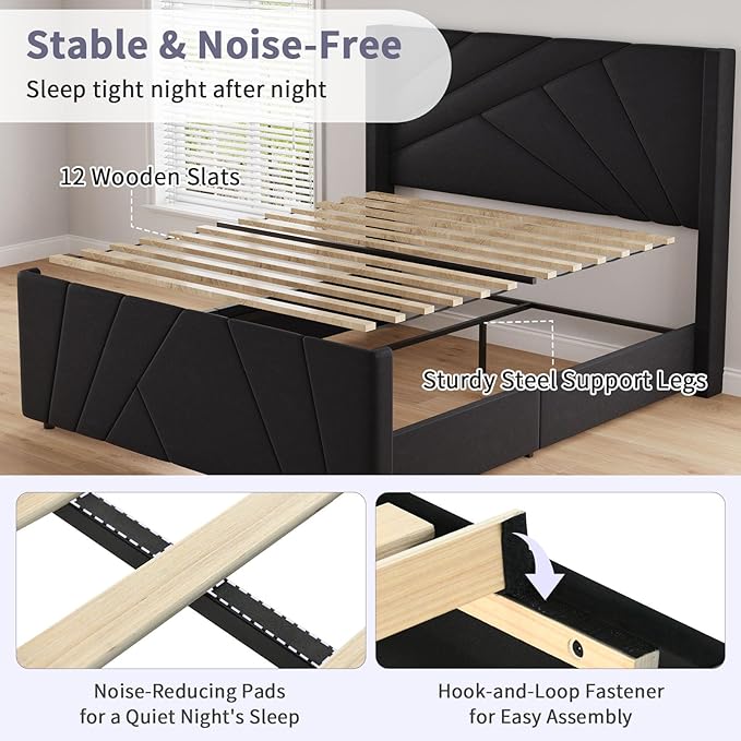 BarnFurin Full Size Upholstered BedFrame, Velvet Platform Bedwith Geometric TuftedHeadboard& Footboard, Wingback Design, attress Foundation with Wooden Slats, No Box Spring,Needed NoiseFree.Black