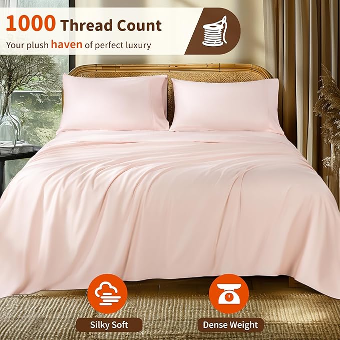 LBRO2M 1000 Thread Count 100% Egyptian Cotton Sheets Set Twin, 3 Piece Sets Bed Sheet Deep Pocket Sheet Set 16" Soft Comfortable All Season (Twin, Pink)