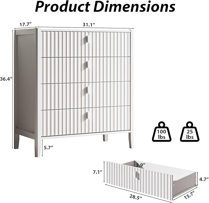 4 Drawer Dresser, Modern Chest of Drawers for Bedroom, Wood Fluted Dresser Organizer with Deep Drawers for Clothes, Nightstand for Bedroom, Hallway, Living Room, Entryway, White
