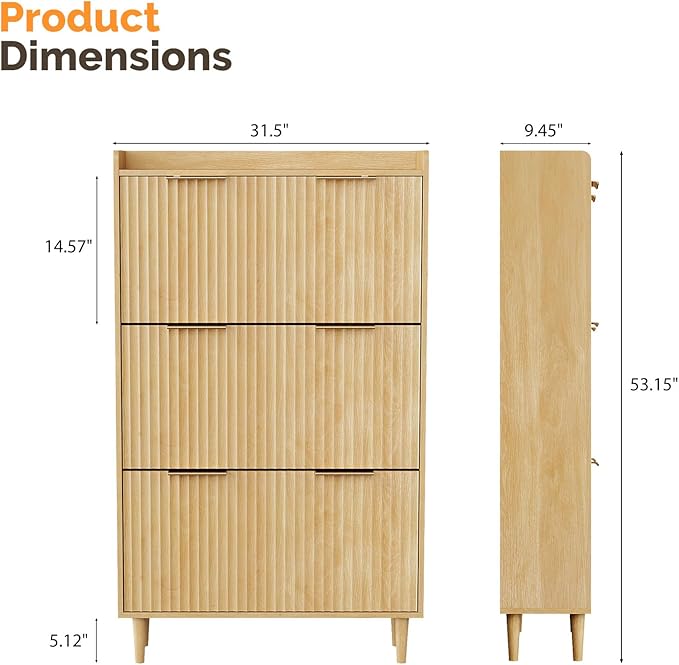 VINGLI Fluted Shoe Storage Cabinet for Entryway with 3 Flip Drawers, Narrow Shoe Organizer with Fluted Panel, Freestanding Wood Hidden Shoe Cabinet for Foyer, Hallway (Oak, 3 Flip Drawers)