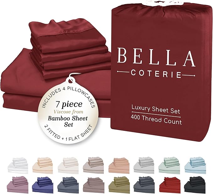 Bella Coterie 7 Piece Luxury Bamboo Viscose Split King Size Sheet Set | 2 Fitted Sheets for Adjustable Beds | 100% Organically Grown | Cooling for Hot Sleepers | 4 Pillowcases [Merlot]