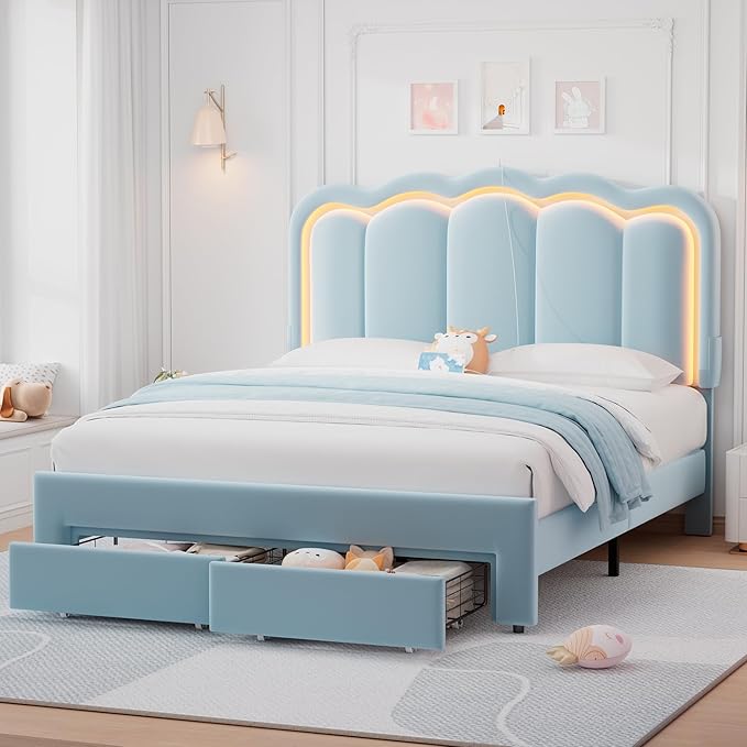 Velvet Upholstered Full LED Bed Frame with 2 Storage Drawers and Adjustable Chic Double Wavy Headboard, Princess Platform Bed with Charing Station, Solid Wood Slats Support,No Box Spring Needed,Blue