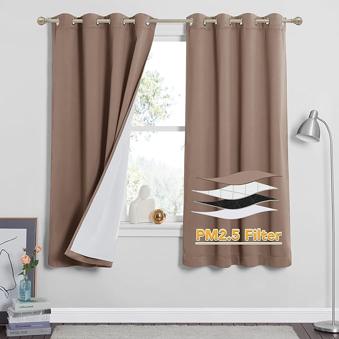 RYB HOME Soundproof & Dust Particle Filtering Curtains 100% Blackout Thermal Insulated Window Treatment Air Filter Drapes for Bedroom Living Room Kids Nursery, Mocha, W52 x L63 inch, 2 Panels