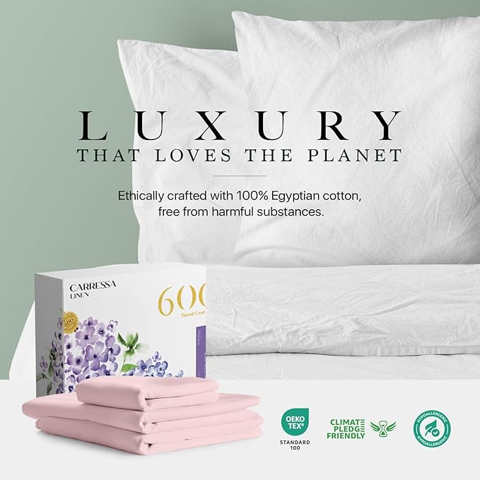 Carressa Linen 100% Egyptian Cotton Twin Sheets Set - 600 Thread Count Egyptian Cotton Luxury Twin Sheets (3 PC, Soft Blush), 16" Deep Pocket, Soft, Cooling, Sateen Weave College Dorm Room Bedding