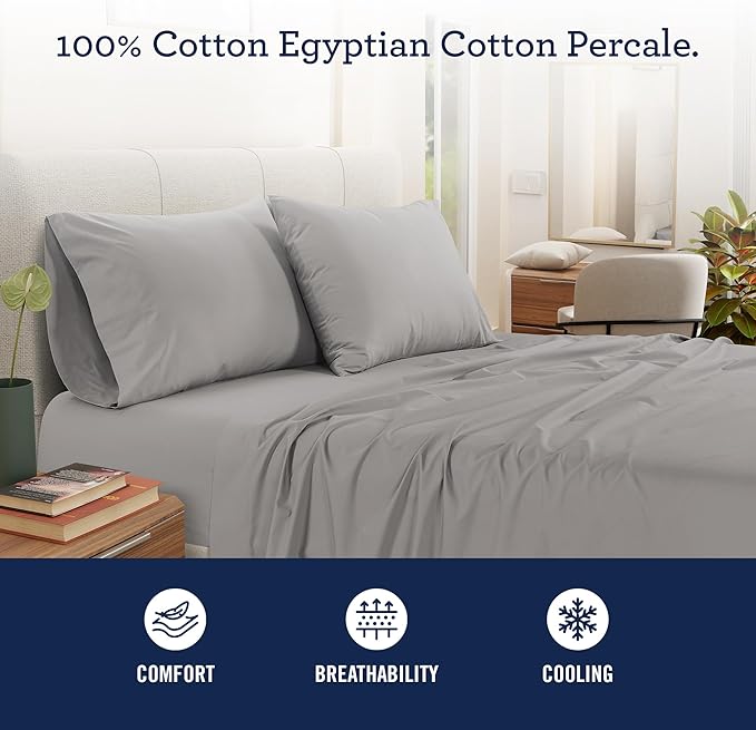 IZOD 100% Egyptian Cotton Sheets Set Twin XL Size, Cotton Percale Crisp Sheet Set 3Pc, Deep Pocket fits Upto 17", Long-Staple Soft Combed, Hotel Style Luxury Bedding Sheet - Sterling Silver