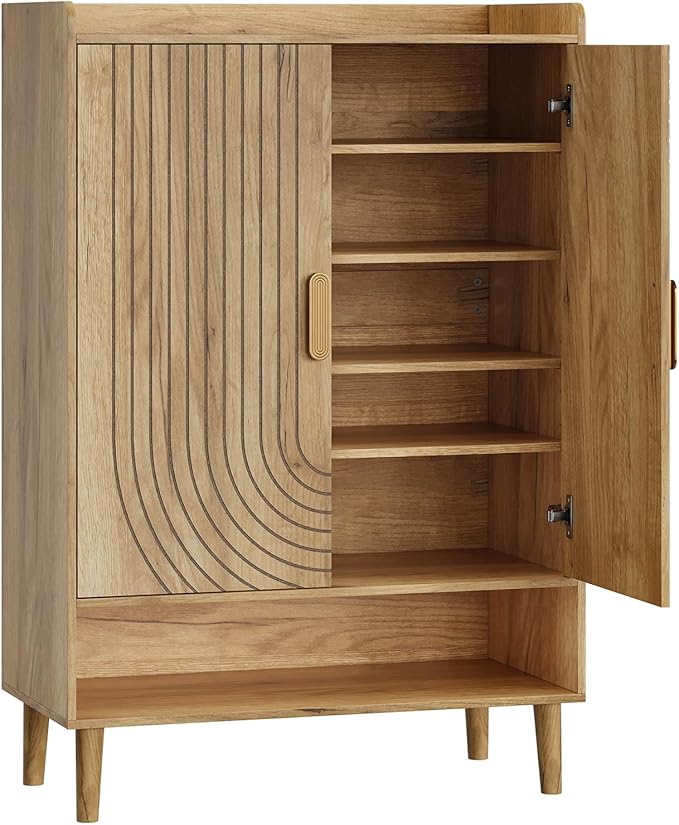Smuxee Oak Shoe Cabinet with Line Groove Design, 6-Tier Shoe Storage Cabinet with Adjustable Shelves, Freestanding Shoe Organizer Cabinet for Entryway, Hallway, Closet, Living Room