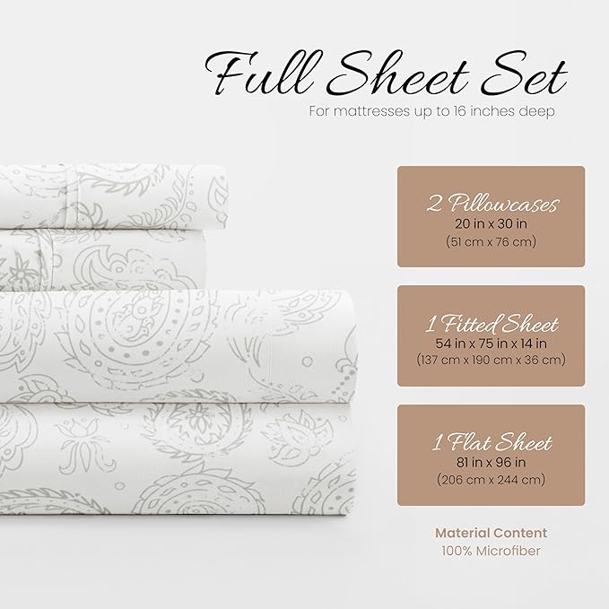 Linen Market Double-Brushed Patterned Microfiber Full Sheet Set 4 Piece – Oeko-TEX Certified Ultra Soft & Wrinkle-Free - 16" Deep Pocket Sheets - Easy Care Full Size - Coarse Paisley Light Gray