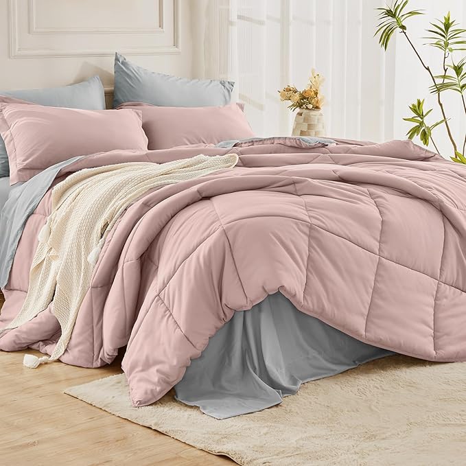 JOLLYVOGUE Twin XL Comforter Set, Ultra-Soft Bed in a Bag Twin XL Size 5 Pieces, Oeko-TEX Certified Bedding Set with Down Alternative Comforter, Sheets, Pillowcases & Shams, Pink & Light Grey