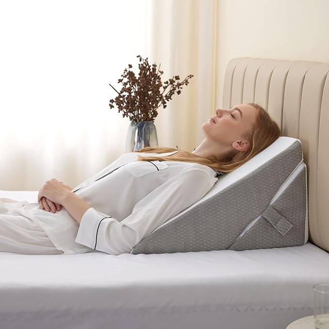 Bedluxe Wedge Pillow for Sleeping, Adjustable 9&12 Inch Foldable Bed Wedge Pillow Set, Orthopedic Memory Foam Triangle Pillows Wedge, 7-in-1 Elevated Pillows for Leg and Back Support, White/Grey