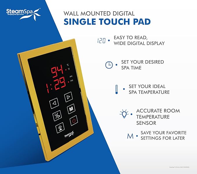 STEAMSPA 12kW Steam Sauna Generator Sentry Series 240V Steam Generator with Touch Screen, Steamhead, Built-in Steam Shower Auto Drain, ACU Quickstart Steam Bath Generator (Gold)