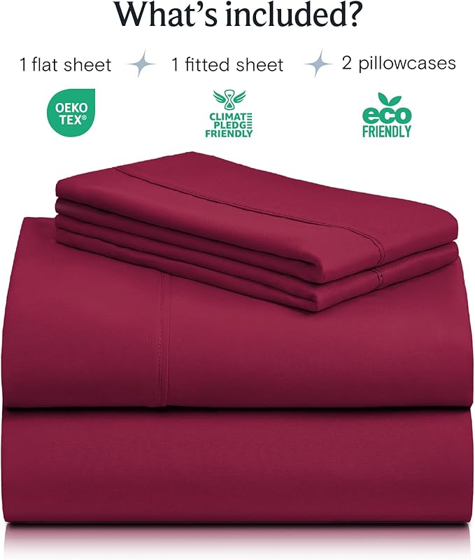 LuxClub 4 PC Queen Sheet Set, Deep Pockets Wrinkle Free Cooling Bed Sheets Hotel Bedding for Women, Men, Includes 1 Fitted Sheet, 1 Flat Sheet and 2 Pillowcases-Burgundy