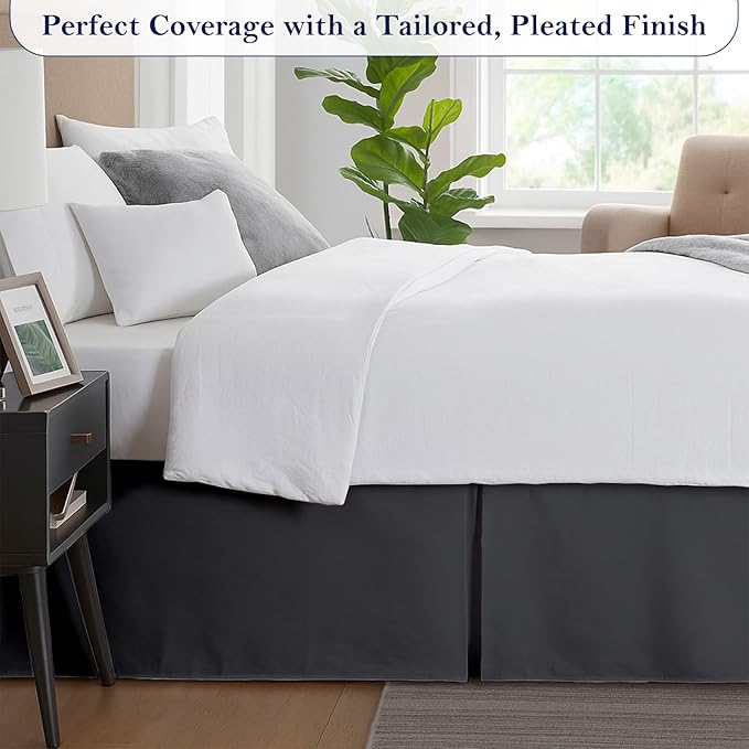 Full Bed Skirt, Luxury 16 Inch Drop Dark Grey Pleated Bed Skirt, Double Brushed Microfiber, Box Pleat Design, Wrinkle & Fade Resistant, Easy Fit Tailored Bedskirt for Full Size Beds