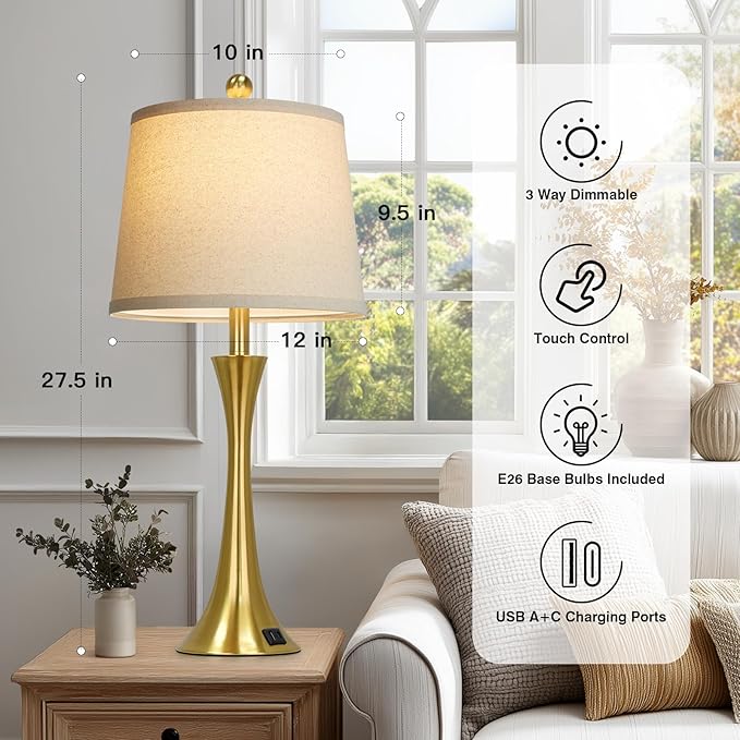 27.5" Gold Lamps for Living Room, Touch Control 3-Way Dimmable Bedside Nightstand Lamps Bedroom Lamp,Modern Gold Table Lamp with USB A+C Ports,Tall Lamps for Living Room End Table（1Pack）