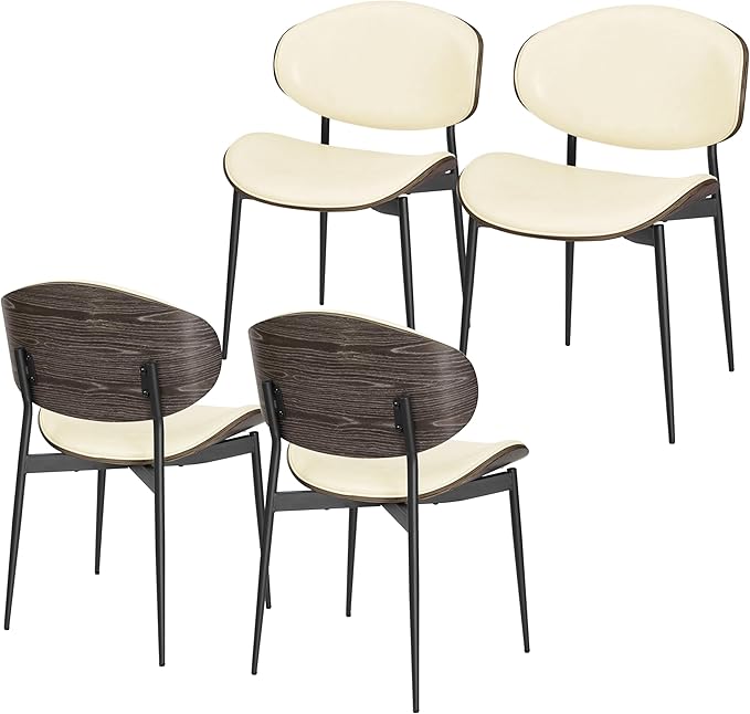 Art Leon Dining Chairs Set of 4, Black Oak Bentwood, Mid Century Modern Chair, Off White Faux Leather Kitchen Dining Room Chairs with Black Metal Legs, Accent Chairs for Bedroom
