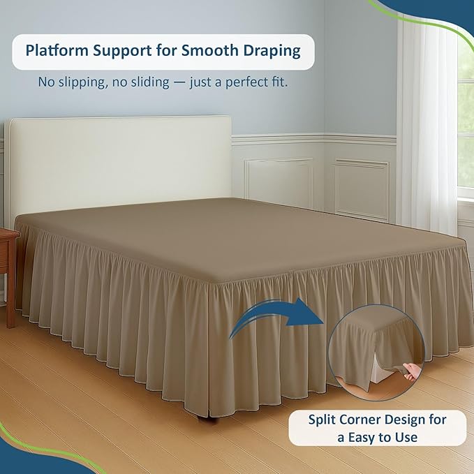 Rajlinen Ruffled Bed Skirt King, 18 Inch Drop Dust Ruffle with Split Corners, 100% Microfiber Bedskirt with Platform, Three-Sided Coverage Ruffled Gathering Design, Taupe