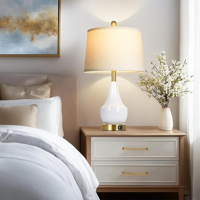 Modern White Table Lamp, 24" Ceramic Table Lamp with USB A+C Ports,Classic Beside Lamps Nightstand Lamp Modern Lamp for Living Room, Bedroom & Office -LED Bulbs Included