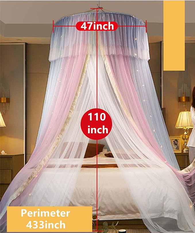 VETHIN Princess Bed Canopy for Girls,Bed Canopy Curtain- Double Layer Sheer Mesh Dome Bed Curtain- Round Lace Princess Mosquito Net Tent for Twin Full Queen King Bed(Blue/Pink/White)
