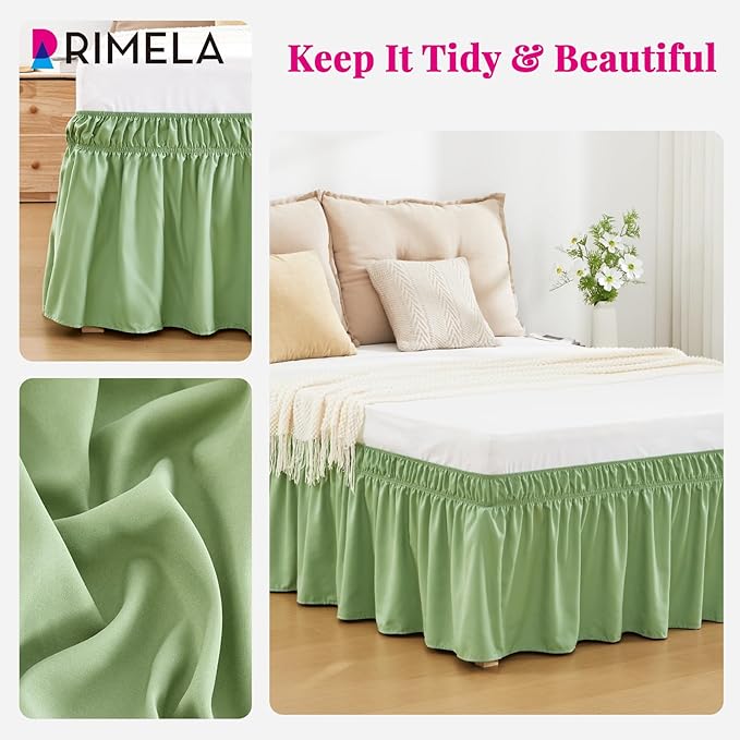 RIMELA Light Green Bed Skirt Full Size 15 Inch Drop, Elastic Bed Skirting for Adjustable Bed Base and Frame, Bedding Dust Ruffle Easy to Install, Hotel Quality Wrap Around Bedskirt