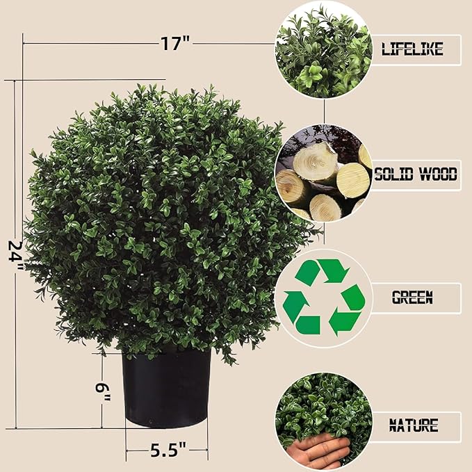 24" H x 17" W Artificial Boxwood Topiary Ball – Realistic UV-Resistant Artificial Shrub with Weighted Pot, Set of 2 – Indoor/Outdoor Year-Round Green Décor for Porch, Garden, Patio