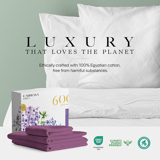 Carressa Linen 100% Egyptian Cotton Twin Sheets Set - 600 Thread Count Egyptian Cotton Luxury Twin Sheets (3 PC, Plum Purple), 16" Deep Pocket, Soft, Cooling, Sateen Weave College Dorm Room Bedding