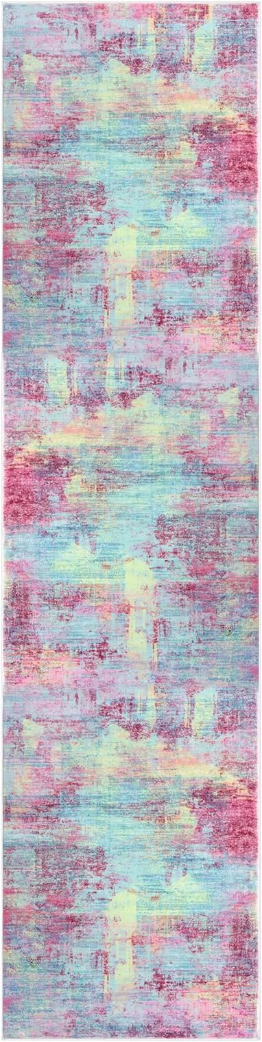 IOHOUZE Abstract Runner Rug 3x10 Ft Washable Runners for Hallways, Non Slip Kitchen Runner Printed Faux Wool Entryway Runner Indoor, Modern Abstract Floor Carpet for Hall Kitchen Bedroom, Pink Teal