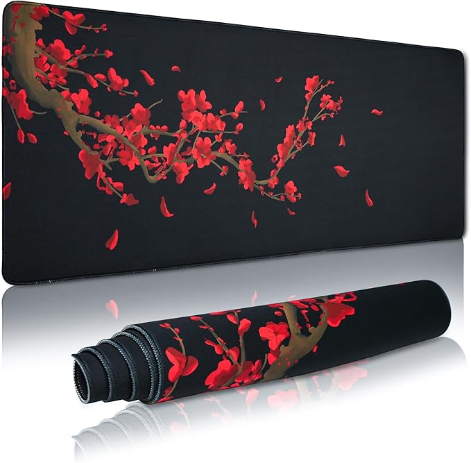Large Gaming Mouse Pad for Desk, Black Plum Blossoms XXL Mouse Pad, 35.4x15.7 Inch, Waterproof, Non-Slip Rubber Base