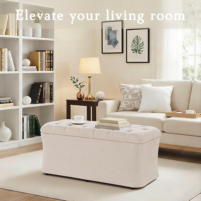 ONBRILL Storage Ottoman Bench, End of Bed Bench, 39.8 x 18.1 x 17.7 Inches Pouf Ottoman Foot Rest, Storage Benches Chest for Bedroom Entryway Living Room, Max 330 lbs, Beige