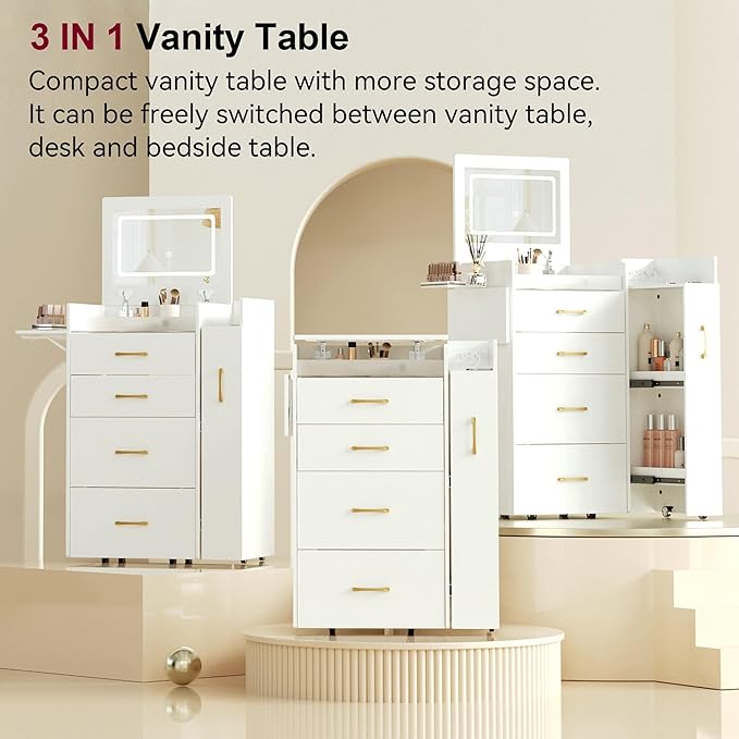 Small Vanity Desk,Compact Vanity Set with Power Outlet,3 in 1 Makeup Vanity with Lights with 3 Modes Lighting,Plip Mirror,Sliding Cabinet,Storage Stool,Dressing Table,White Vanity PT01DTM