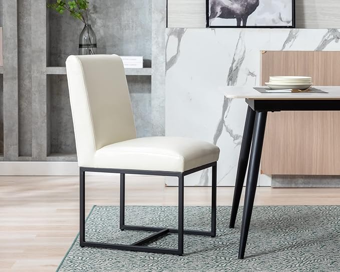 CIMOTA Modern Dining Chairs Set of 2, Leather Dining Room Chairs Upholstered Armless Guest Side Chair with Black Base for Dining Room/Kitchen, Cream 2PCS