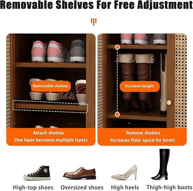 Bamboo Shoe Cabinet, 36-40 Pairs 8 Tier Shoe Rack with Doors, Freestangding Shoe Cabinet Organizer with Shelves, 43" Tall Shoe Rack Organizer for Entryway, Closet, Hallway